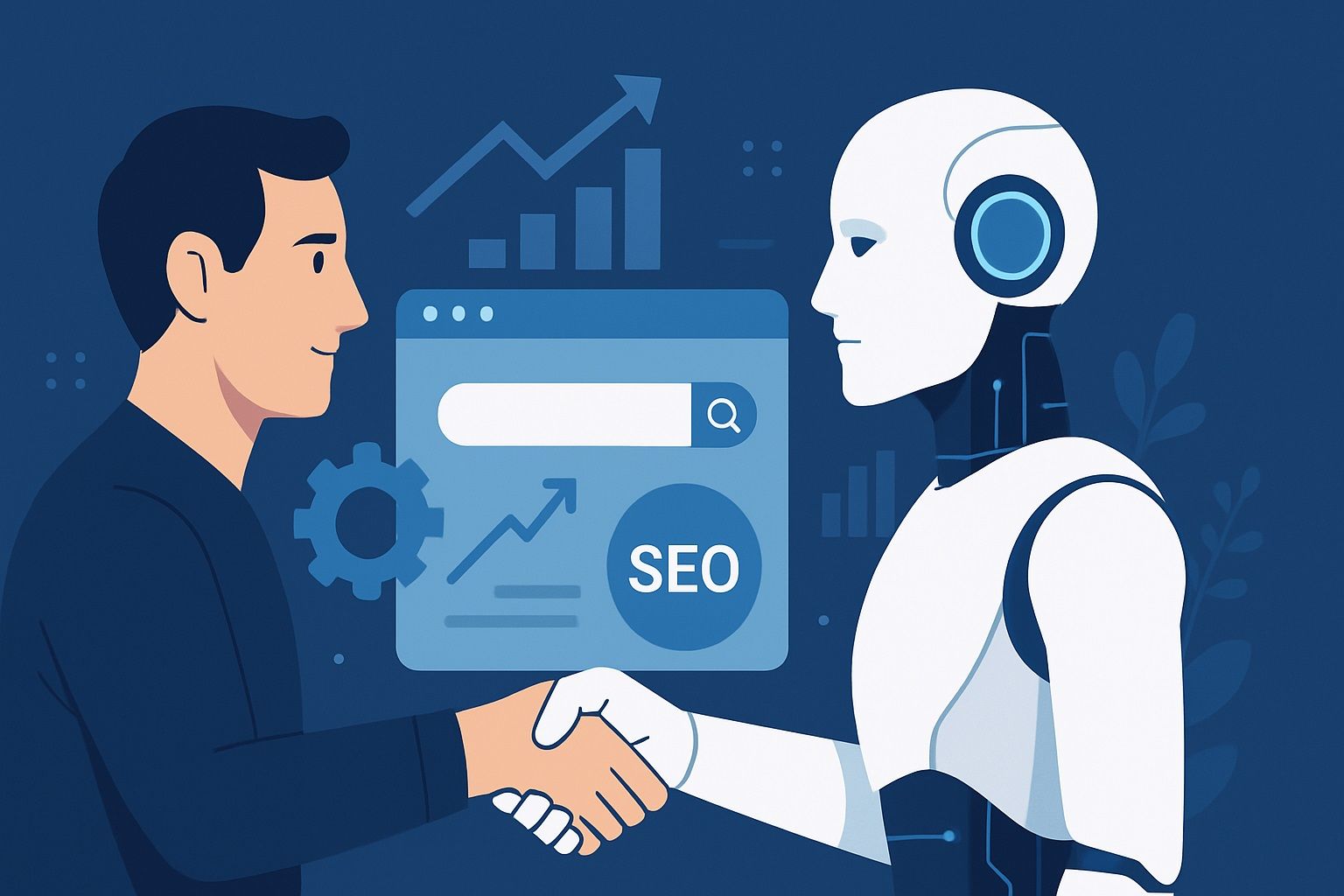 Интеграция ИИ в SEO: человек и робот пожимают руки на фоне поисковой системы с графиками роста и аналитикой