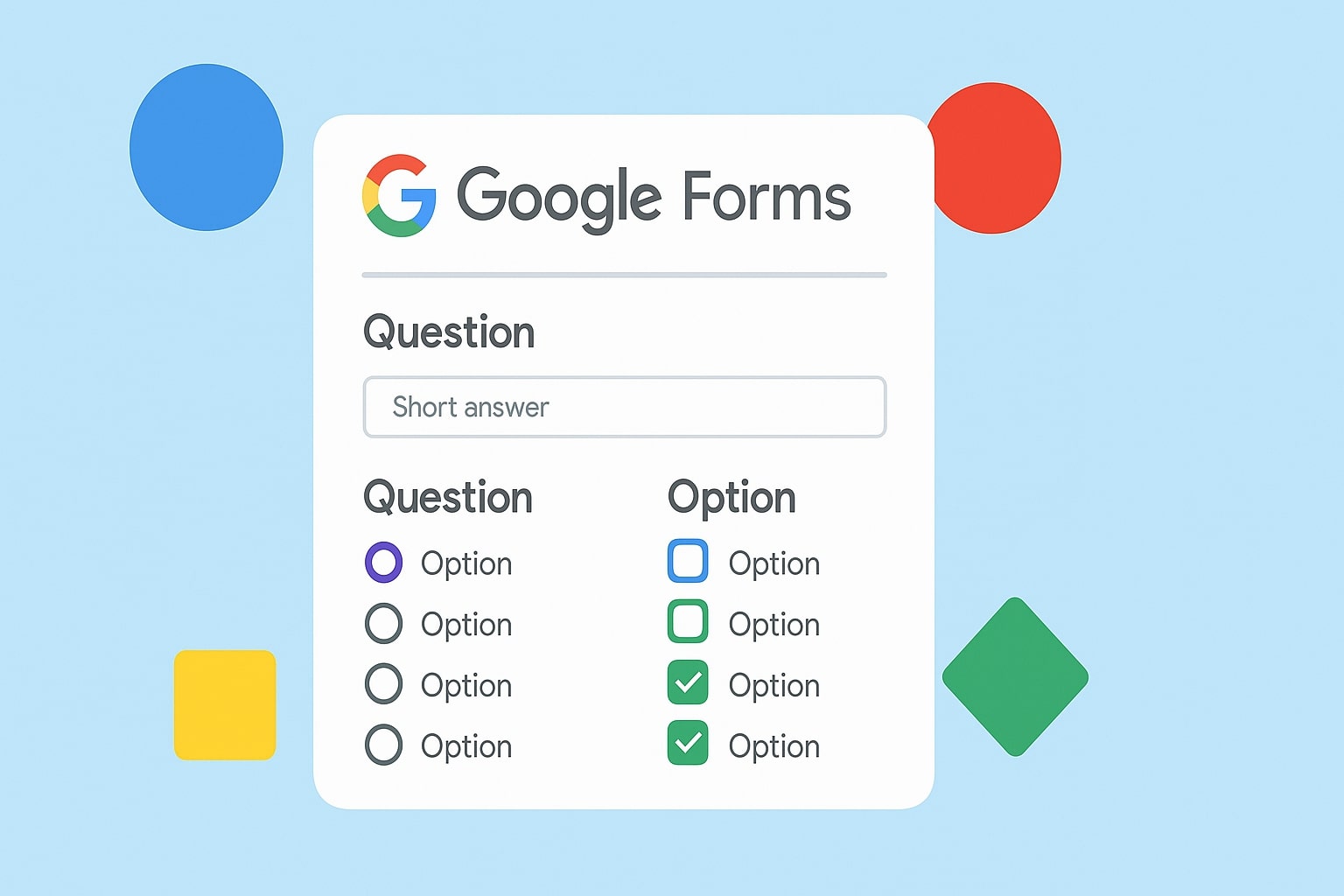 Google Forms интерфейс с разными типами вопросов и вариантами ответов на голубом фоне