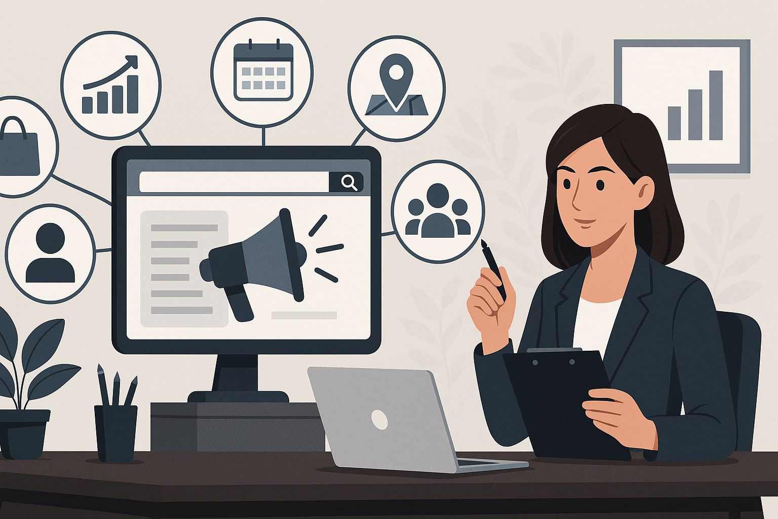 Маркетинг в социальных сетях с женщиной-специалистом анализирующей кампанию с мегафоном на экране