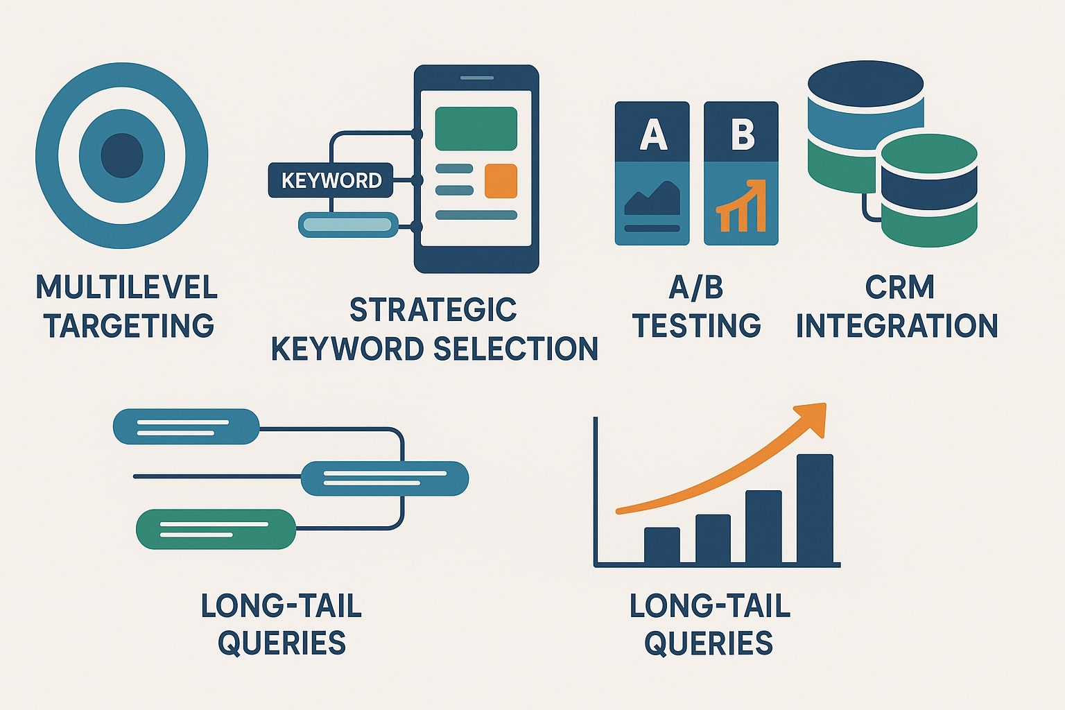 SEO оптимизация с иконками многоуровневого таргетинга, стратегического подбора ключевых слов и аналитики запросов