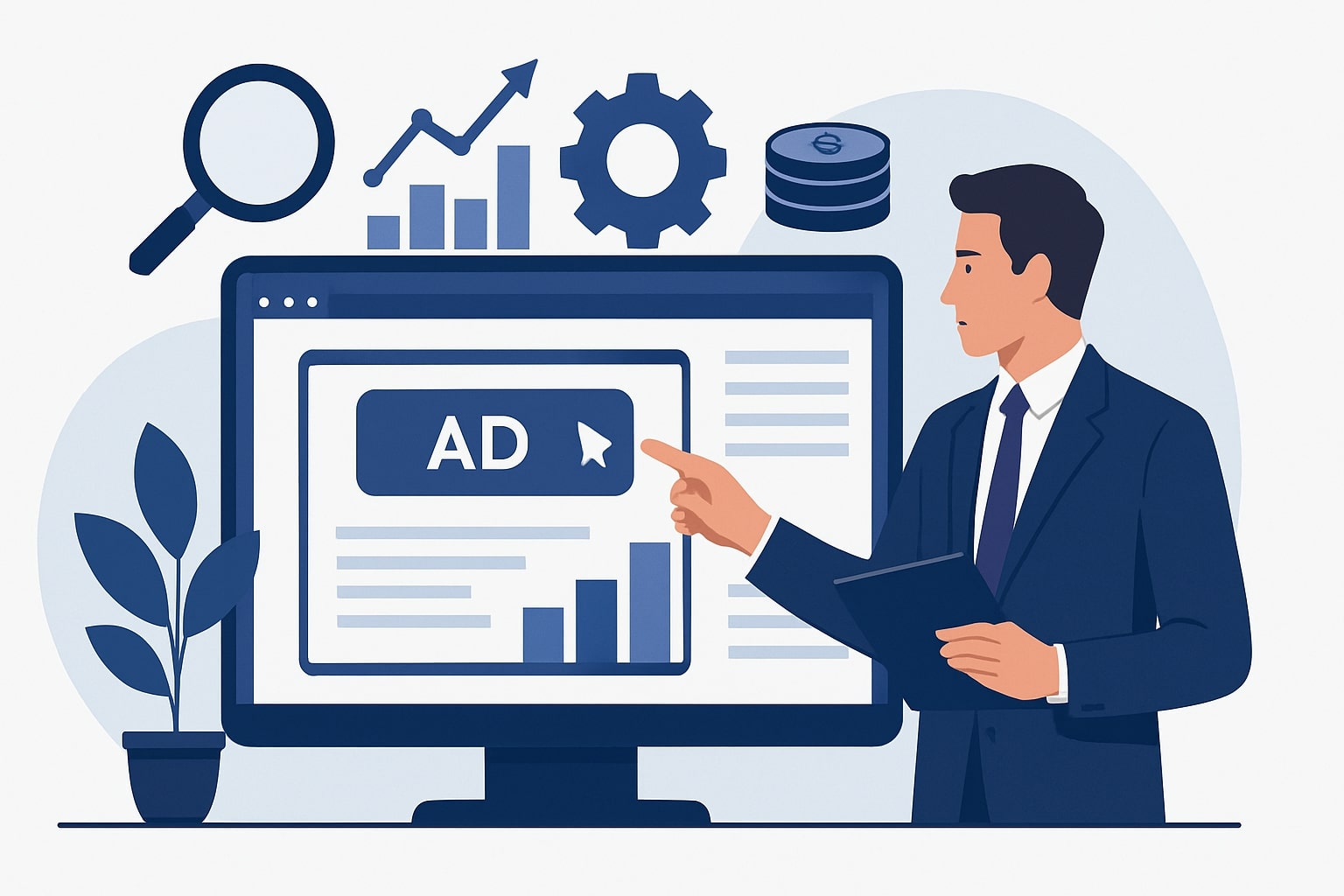 PPC реклама на мониторе компьютера с бизнесменом анализирующим данные и показателями эффективности
