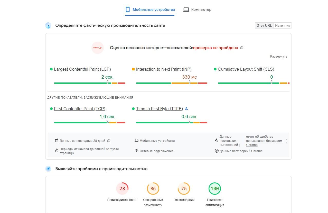 Отчет о производительности сайта с метриками Core Web Vitals и показателями оптимизации