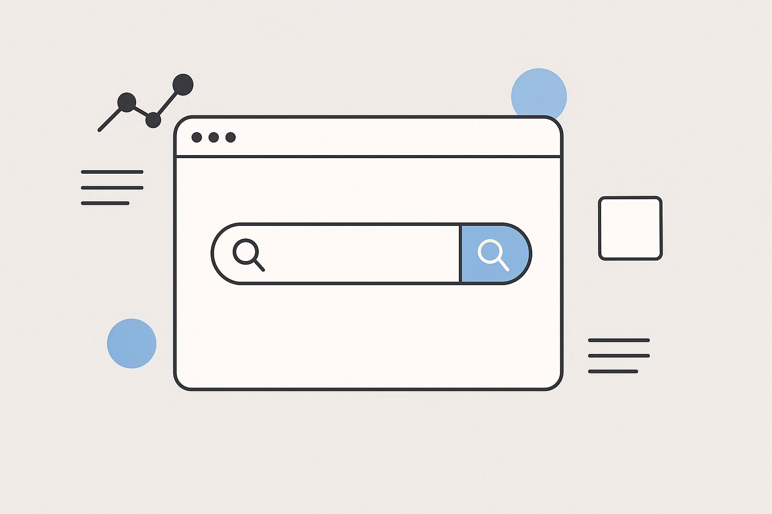 Минималистичный веб-интерфейс с поисковой строкой, графиком и геометрическими элементами на белом фоне