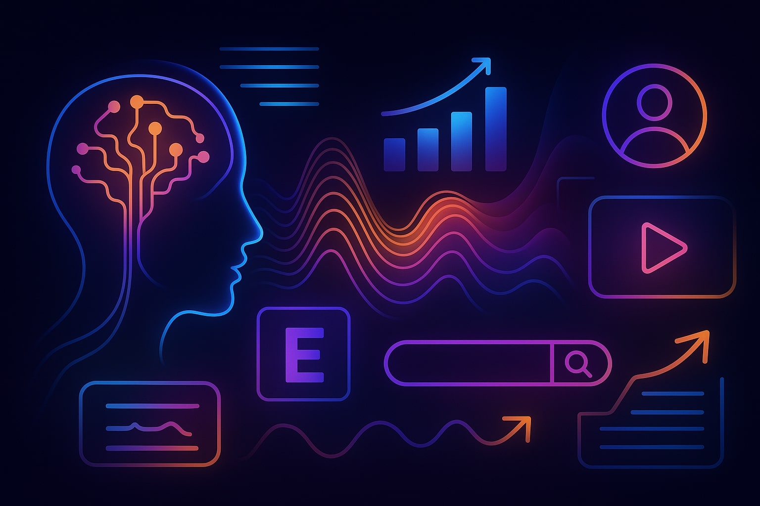 Неоновая иллюстрация с профилем головы, нейронной сетью, графиками и цифровыми интерфейсами поиска