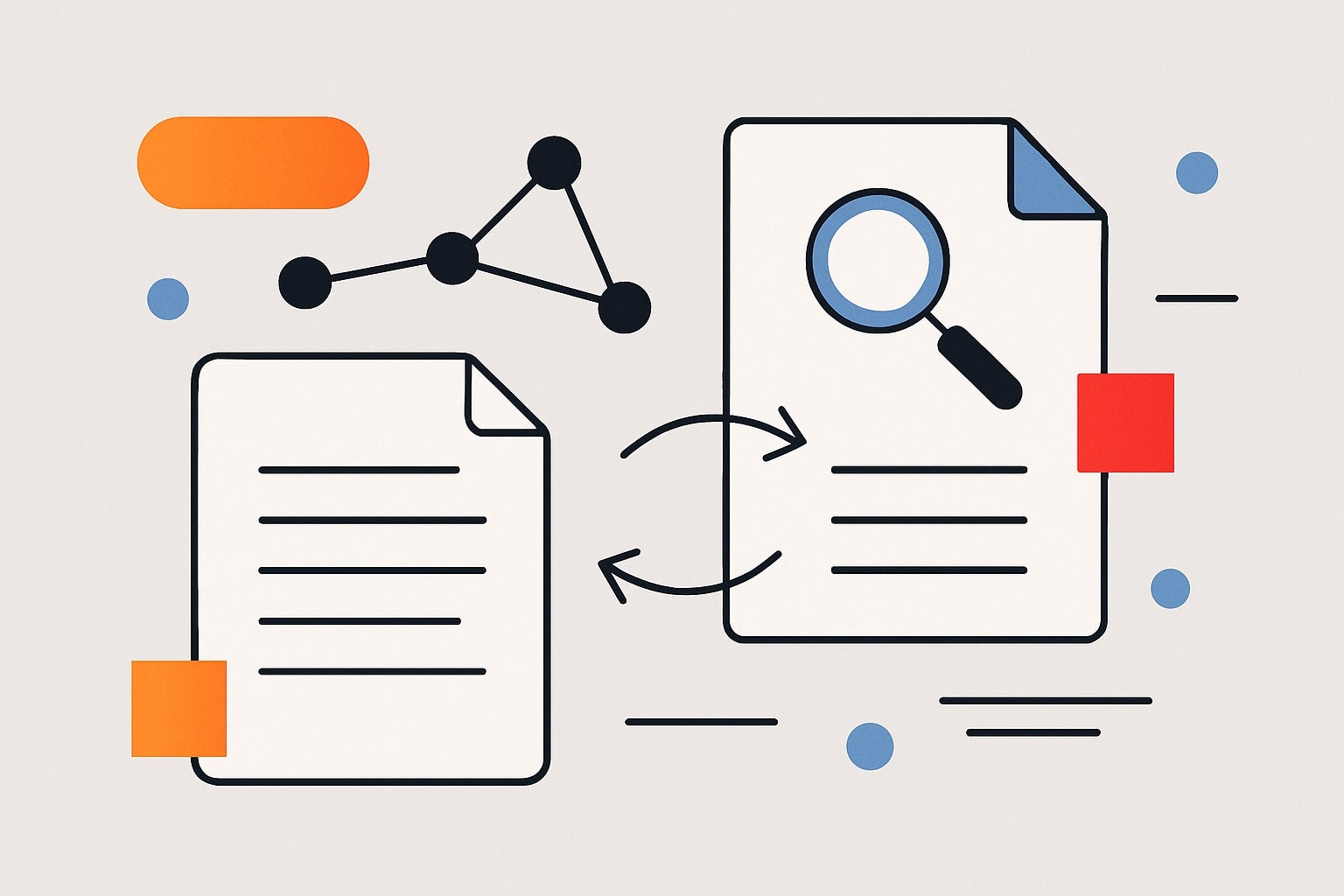 Минималистичная схема обмена документами с лупой, сетевой диаграммой и стрелками циркуляции данных