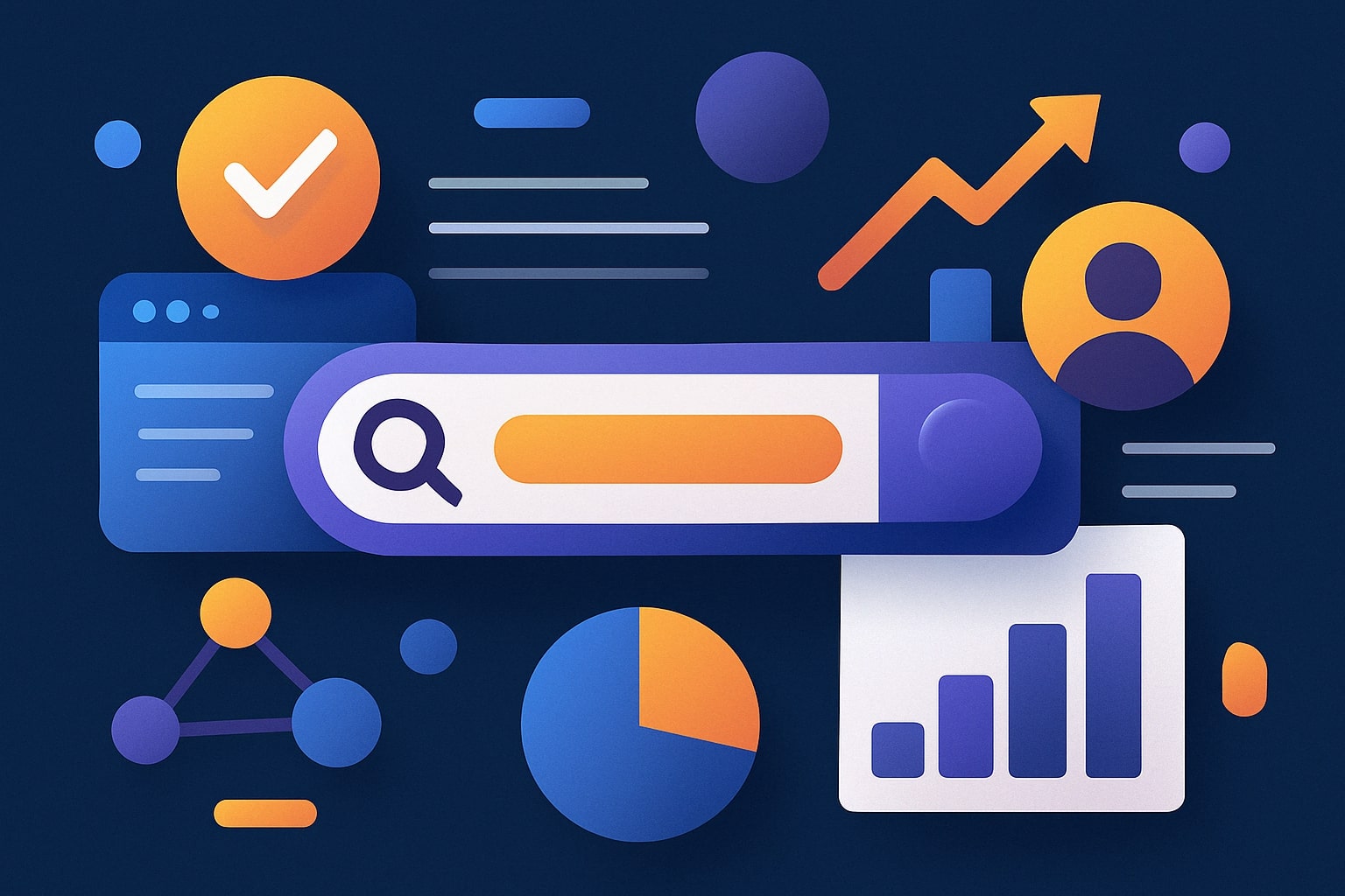 Поисковая строка, графики роста, аналитические диаграммы и иконки пользователей на темно-синем фоне