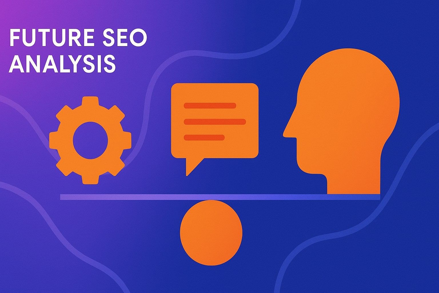 Современная концепция будущего SEO анализа с оранжевыми иконками на градиентном сине-фиолетовом фоне