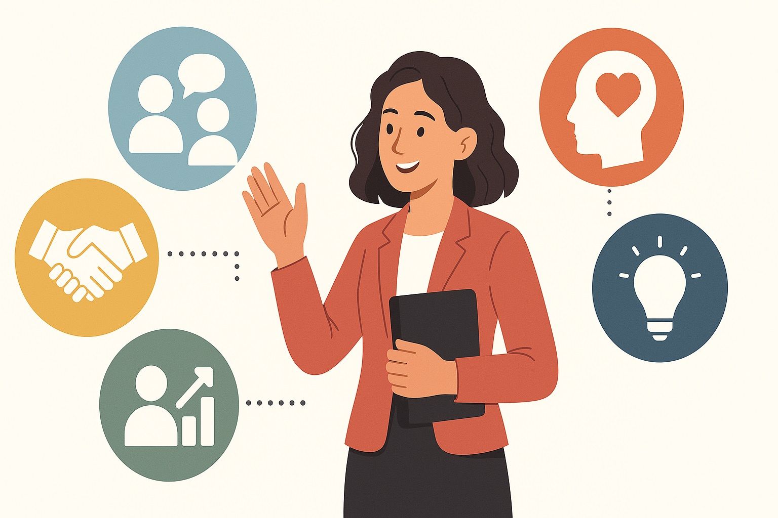 Деловая женщина в оранжевом пиджаке представляет бизнес-концепции: коммуникация, партнерство, рост, эмоциональный интеллект и инновации