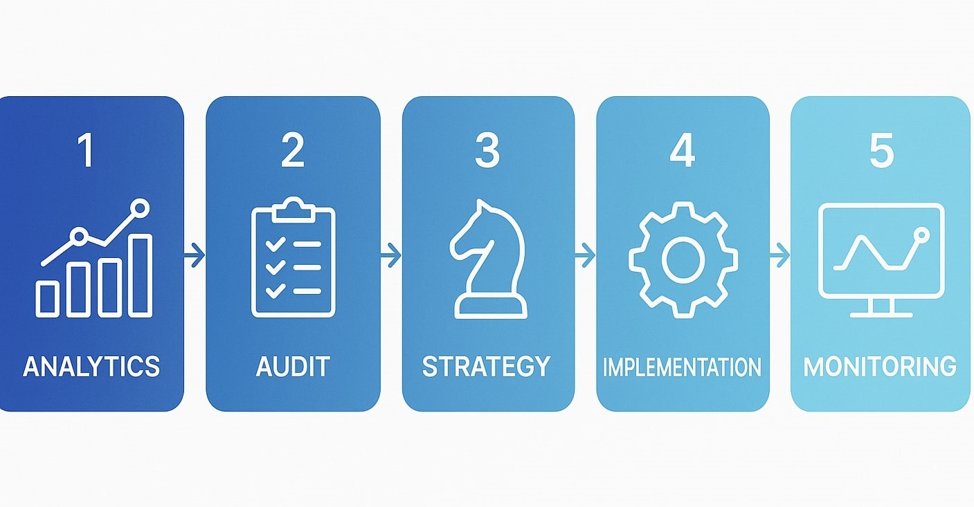 Пятиэтапная стратегия цифрового маркетинга с анализом, аудитом, стратегией, внедрением и мониторингом