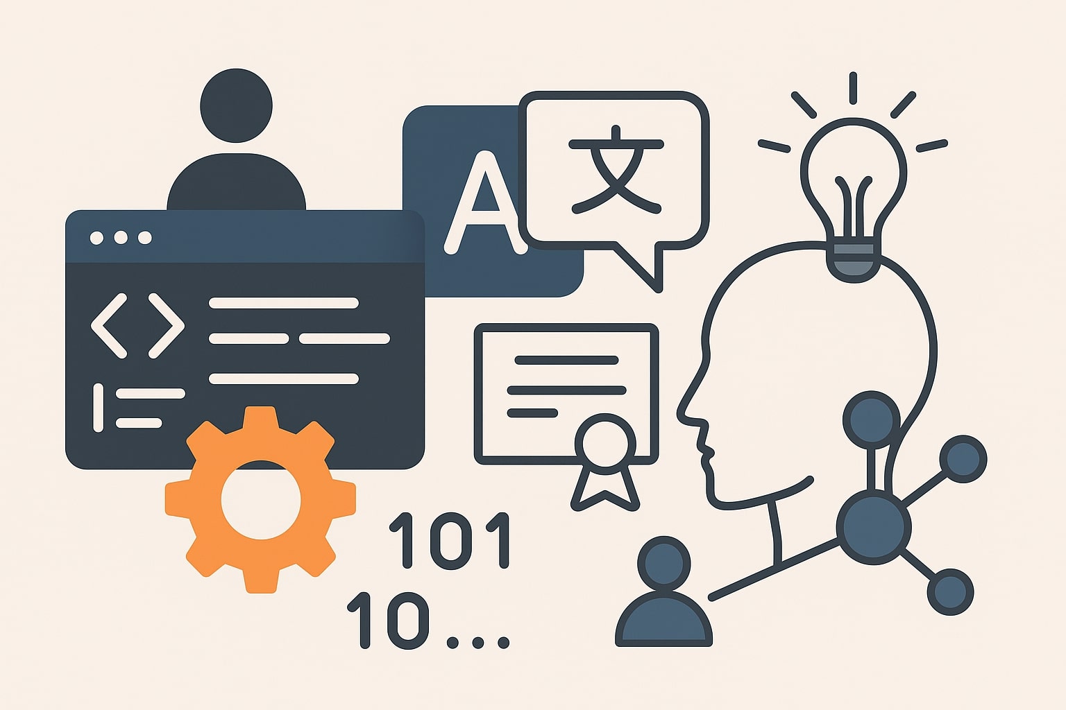 Концепция искусственного интеллекта с программированием, переводом, идеями и нейронными связями в плоском дизайне