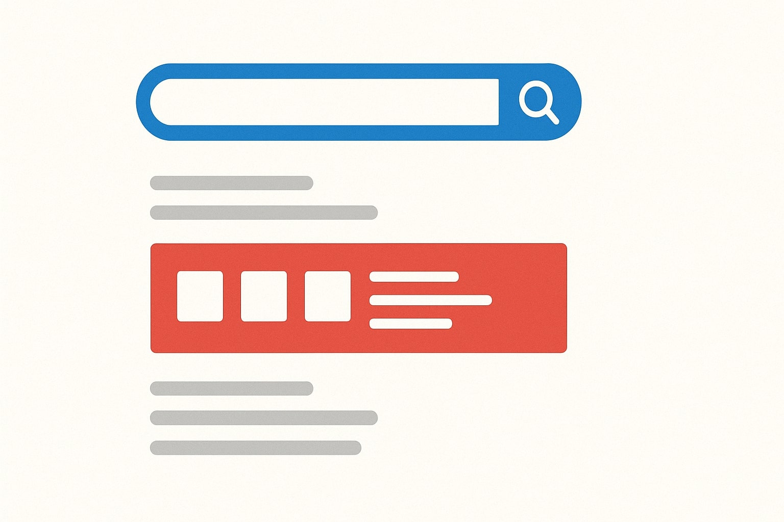 Минималистичный интерфейс поиска с голубой строкой вверху и красным информационным блоком посередине